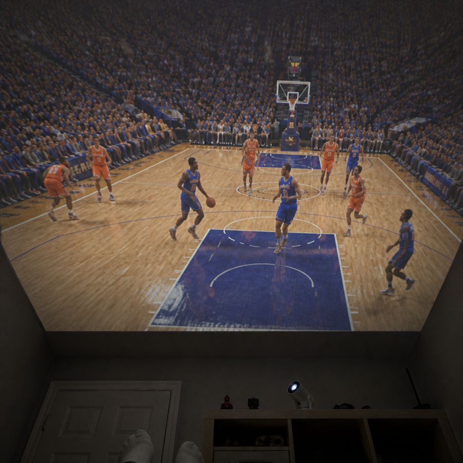 Basketball game projected across a basement ceiling, seen from bed