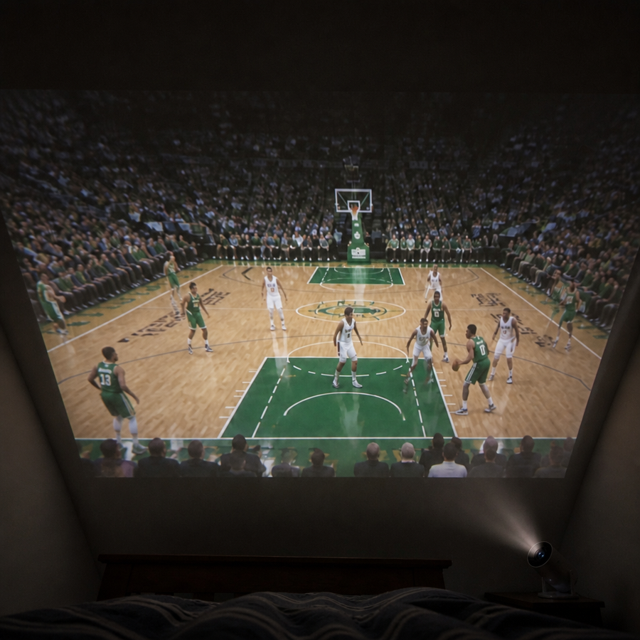 Basketball game projected across a bedroom ceiling by the HoopGlow projector