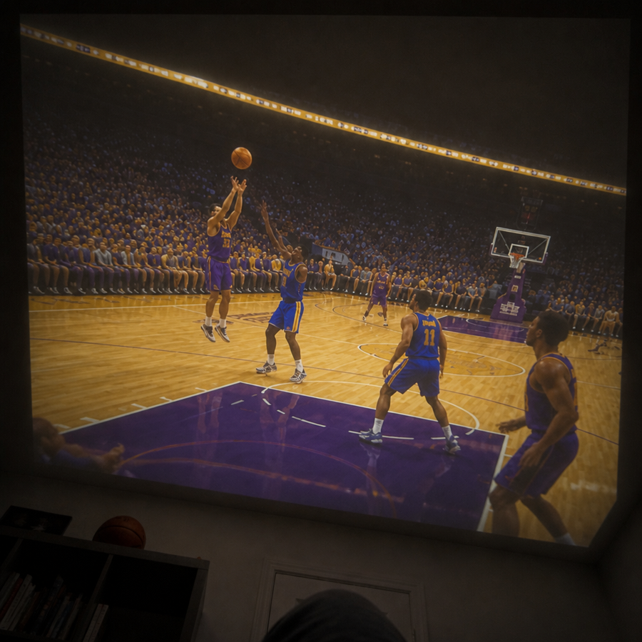 Basketball game projected across a bedroom ceiling, seen from a beanbag