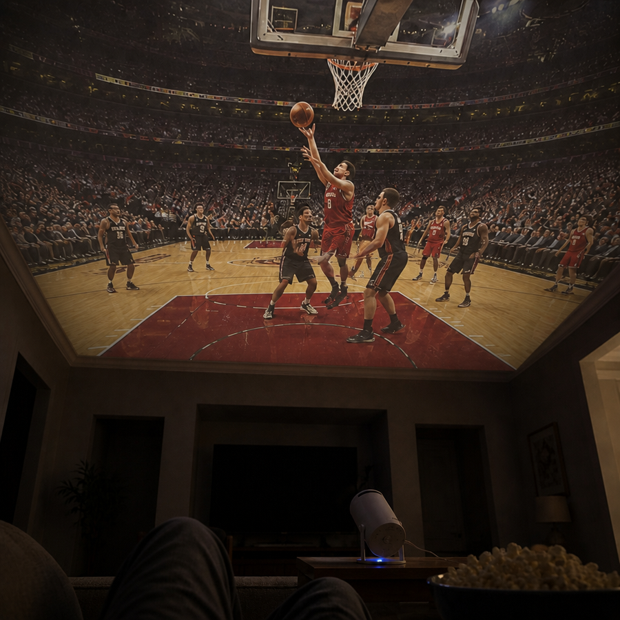 Basketball game projected across a living room ceiling, seen from the sofa