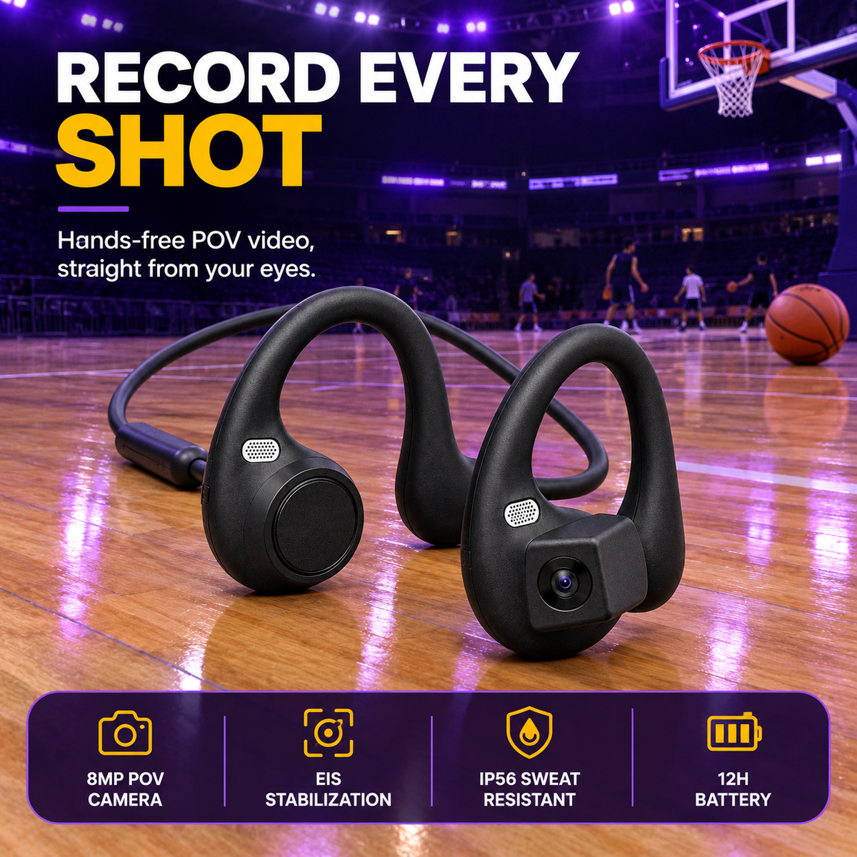Swish Cam earbuds on a basketball court - record every shot